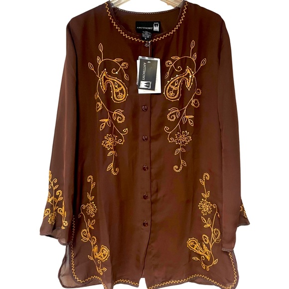 Antthony Tops - NWT Antthony Brown With Gold Embroidery Tunic Button Top, Sheer Sleeves, Sz M